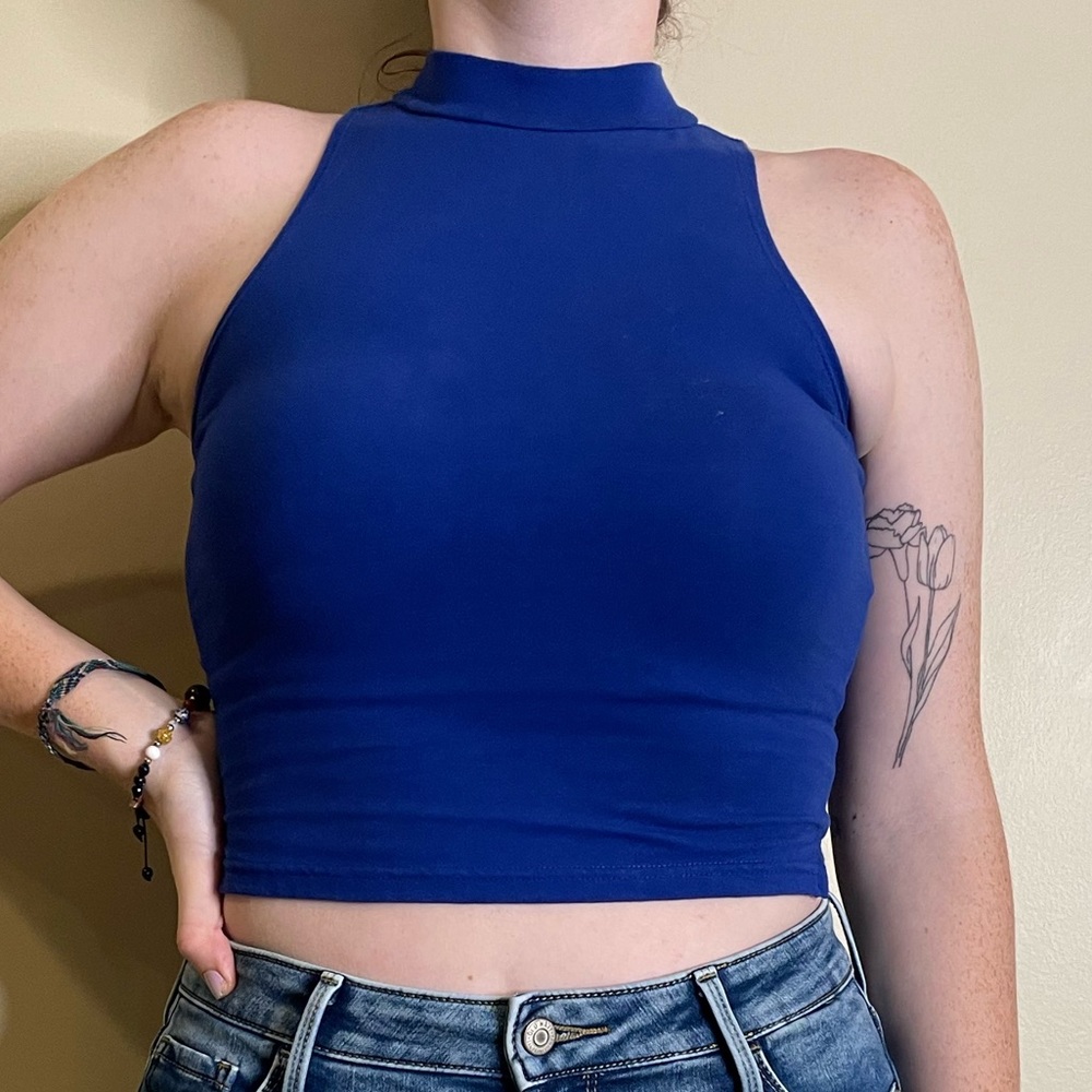 Blue, medium sized sleeveless Crop turtleneck from Forever 21